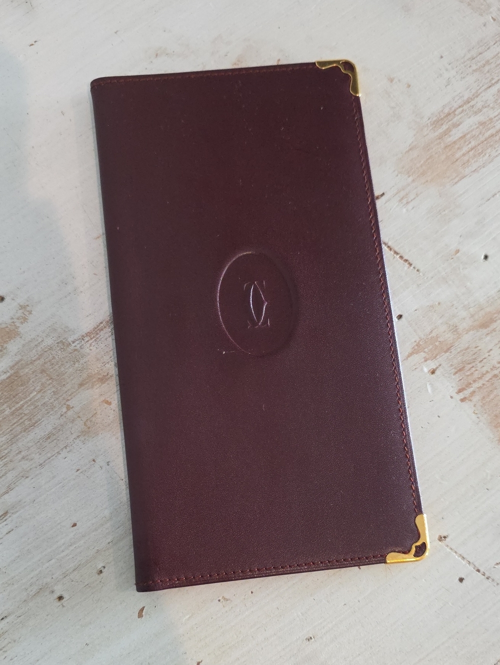 Vintage Cartier Card Holder Wallet In Burgundy with Gold Corner Accent